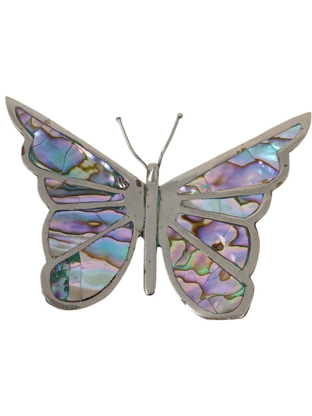 Butterfly Brooch Mexican Silver & Inlay Abalone Pin 3.1/8" Vintage 70's? #G-2